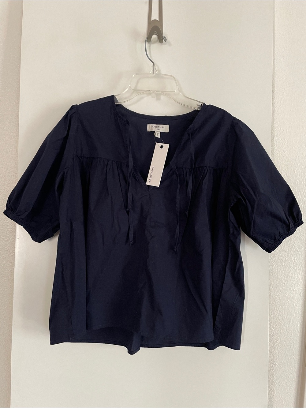Habitual Navy Blue Crisp Cotton Poplin Short Puff Sleeve Top Blouse NWT
